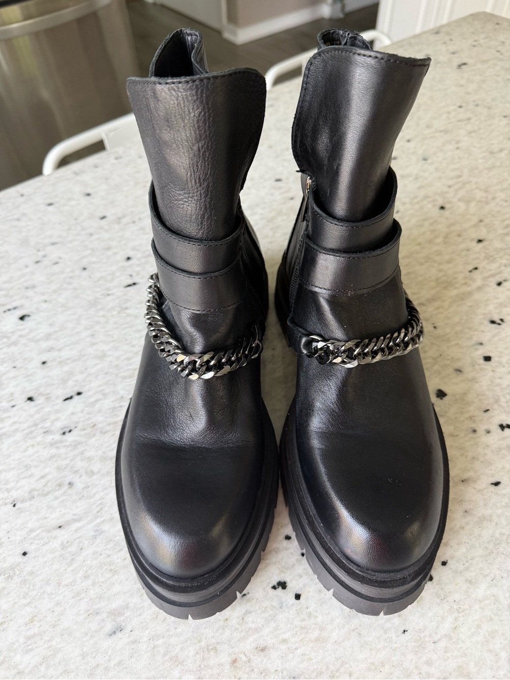 Steve Madden “Sloan” Chunky Black Leather Chain Strap Ankle Boots - Picture 4 of 8